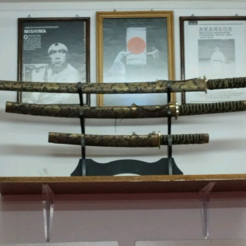 Set of 3 Japanese decorative swords with wall display stand