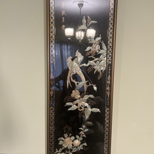 Vintage Chinese lacquer panel Birds & Flowers used decorative art