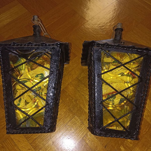 Metal outdoor and indoor lamps with yellow glass, set of 2