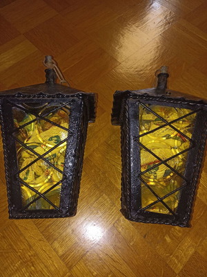 Metal outdoor and indoor lamps with yellow glass, set of 2