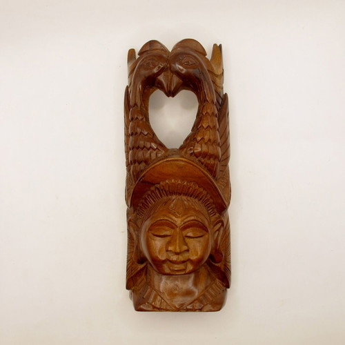 Vintage hand-carved wooden figure woman with birds, India, 23 cm