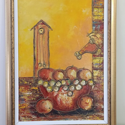 Modern art painting with surreal elements in beautiful frame 65x48 cm