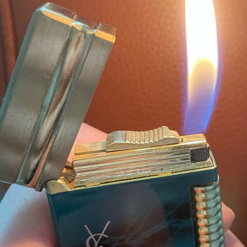 Yves Saint Laurent YSL vintage gold blue gas lighter with marbled finish and box used
