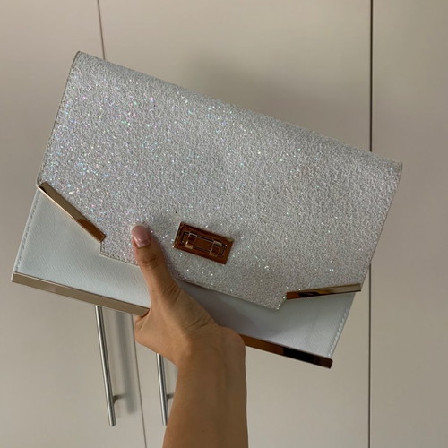 White glitter envelope bag new with gold metallic details