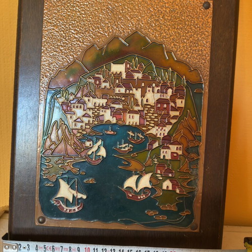 Vintage embossed wall plaque with Greek island landscape, wooden base like new