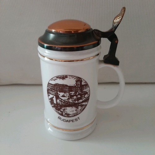 Vintage beer mug like new, Budapest porcelain with copper lid