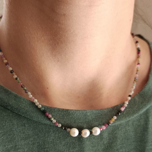 Handmade necklace with colorful tourmalines and freshwater pearls new