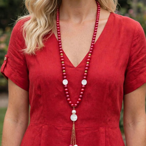 Red Tassel Boho Long Necklace and Earrings Set new