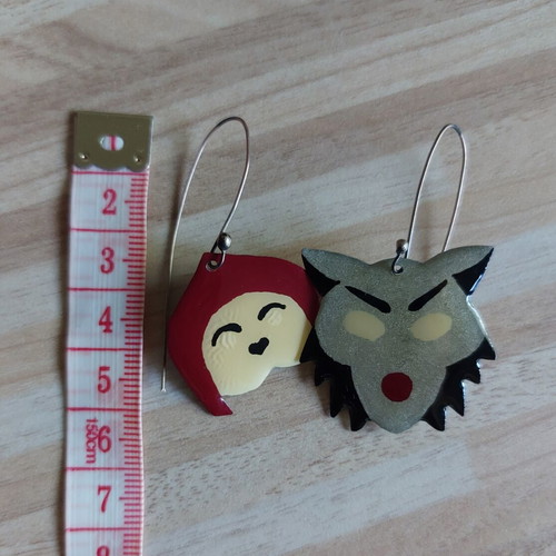 Red Riding Hood & Wolf Handmade Earrings, Like New, Silver Color