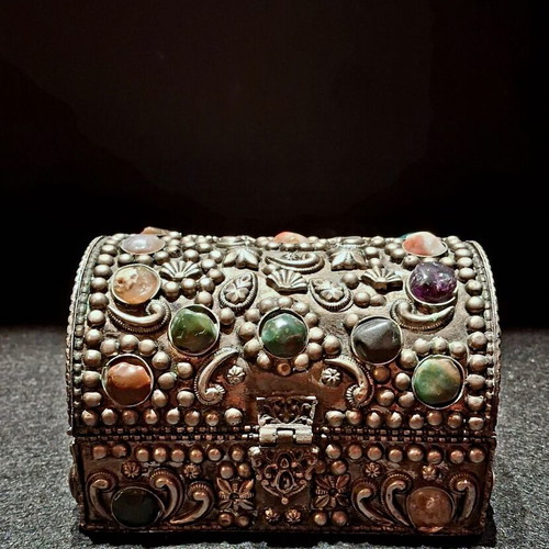 Vintage Moroccan Handmade Jewelry Box with Natural Semi-Precious Stones
