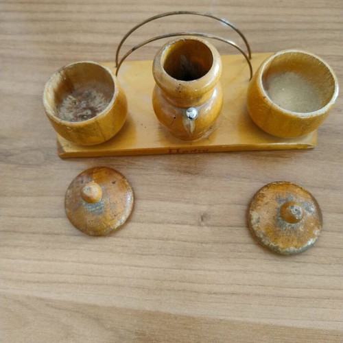 Wooden Pelion salt and pepper set with toothpick and napkin holder used