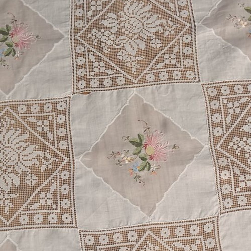 Vintage 1980s embroidered tablecloth used, fabric for upcycling