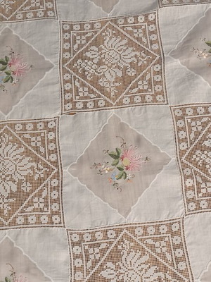 Vintage 1980s embroidered tablecloth used, fabric for upcycling