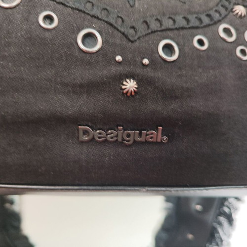 Desigual black grey denim crossbody bag used with embroidered flowers and studs