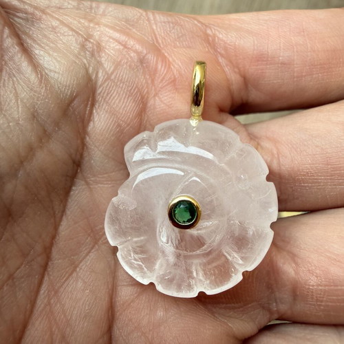 White Quartz Nautilus Shell Pendant like new with Zircon