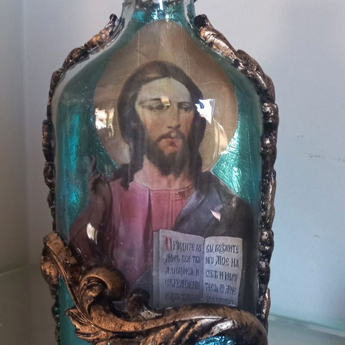 Handmade bottle and box with icon, new religious items