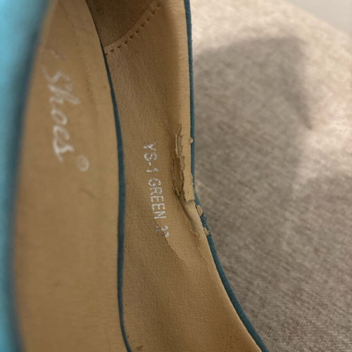 Green suede platform pumps used with cork heel, size 38