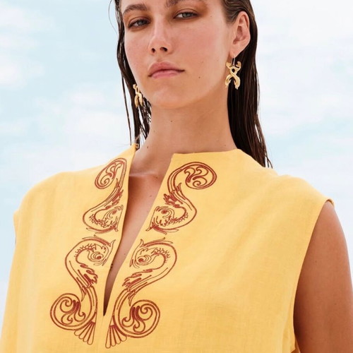 Achivada Sleeveless Embroidered Linen Caftan Yellow Zeus new