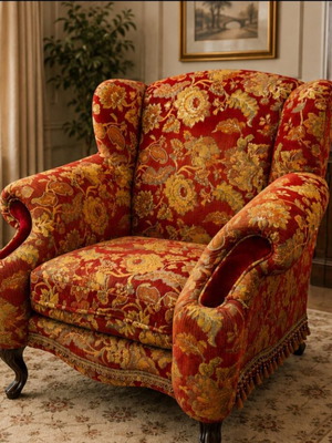 Wingback armchair like new with floral jacquard fabric and decorative fringes