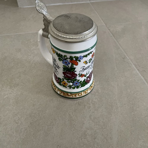 Vintage German Ceramic Beer Stein with Metal Lid used