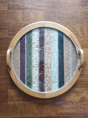 Handmade wooden tray with glass base and legumes, diameter 40 cm