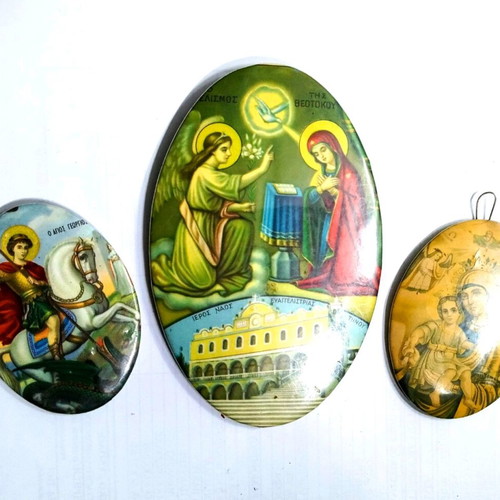Set of 3 used vintage oval metal religious images
