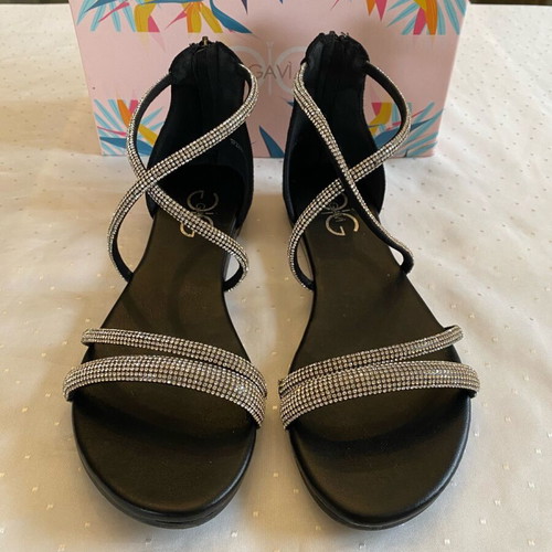 Gavi flat sandals new with black rhinestone straps