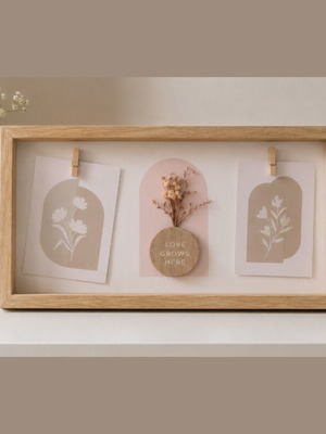 Wooden Frame with Dried Flowers and Photo Clips 40x22 cm new