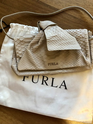 Furla gray ice leather clutch bag with bow and detachable strap like new