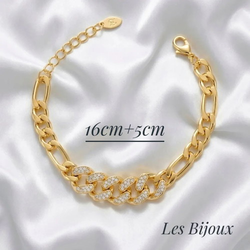 Figaro & Curb Chain Bracelet with Rhinestones new, gold stainless steel