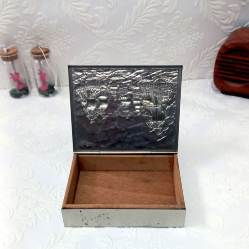 Wooden box used with embossed old sailing ships design