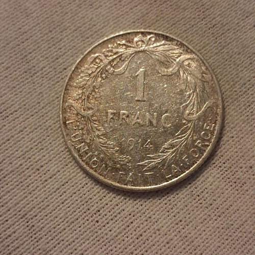 Silver Belgian Franc 1914 used, 835⁰ silver coin