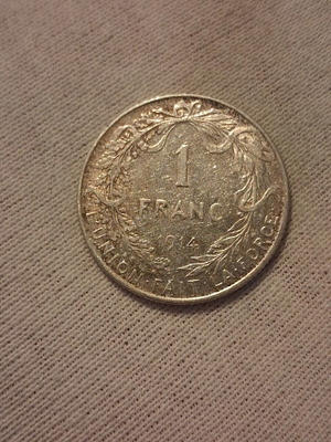 Silver Belgian Franc 1914 used, 835⁰ silver coin