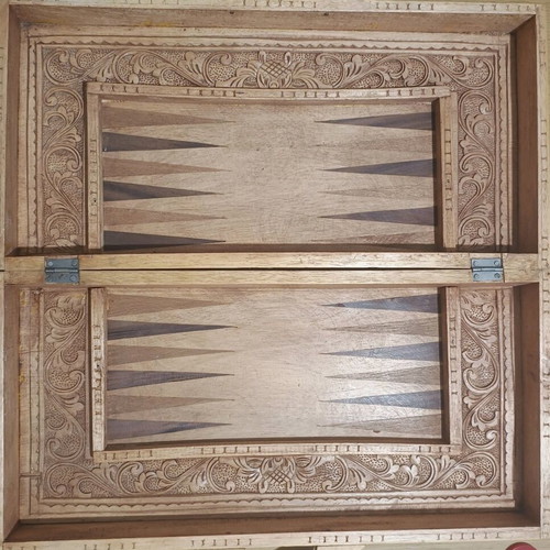 Carved backgammon/chess used with wooden Aztec-style pieces