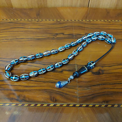 Old Egyptian Worry Beads from Kouk Wood with 33 Beads and Inlays, New