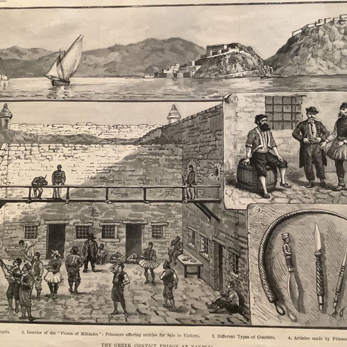 Woodcut 1890 Nafplio with Palamidi Prison used, 28x22cm