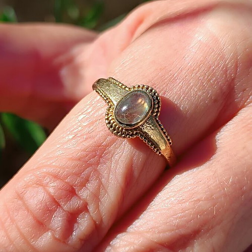 Labradorite brass ring new, adjustable with pink gemstone