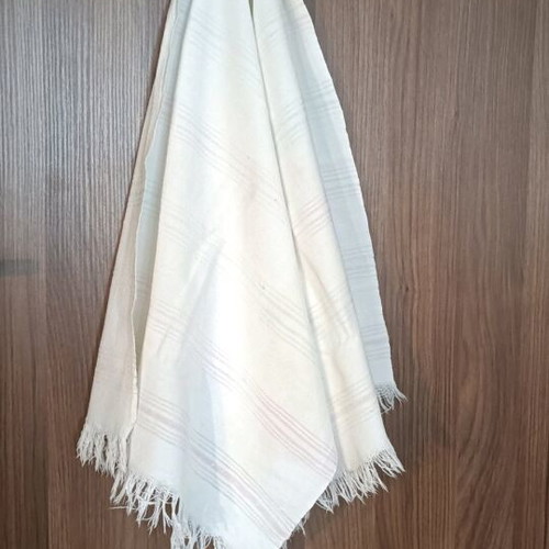 Woven kitchen towel used, vintage with stripes and fringes