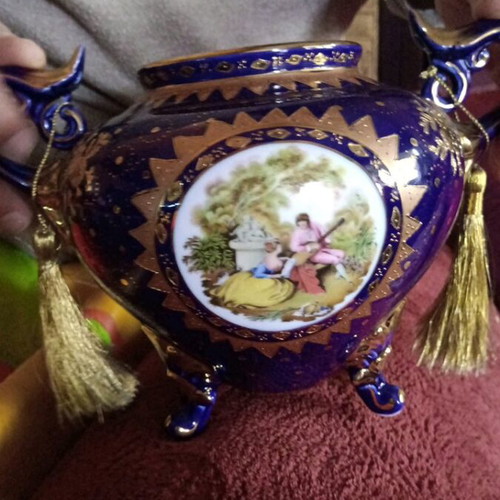 Limoge vase like new, cobalt blue porcelain with gold details
