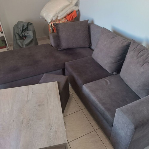 Corner sofa with waterproof fabric, cushions and coffee table with stools and storage cabinets