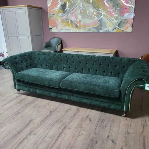 Large green Chesterfield fabric sofa new, four-seater