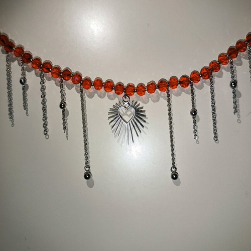 Steel necklace with red glass beads and chain fringes handmade new