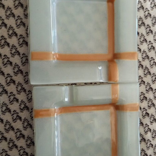 Glass ashtray set square handmade with orange stripes, new, set of 2
