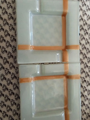 Glass ashtray set square handmade with orange stripes, new, set of 2