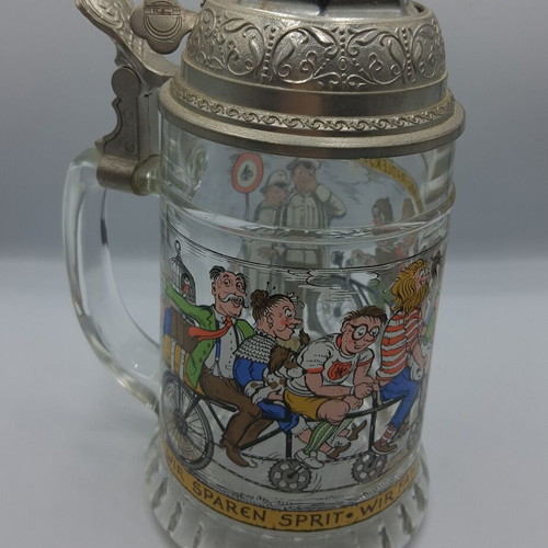 Vintage German Glass Beer Stein with Bicycle Bell Lid BMF Radlerseidel