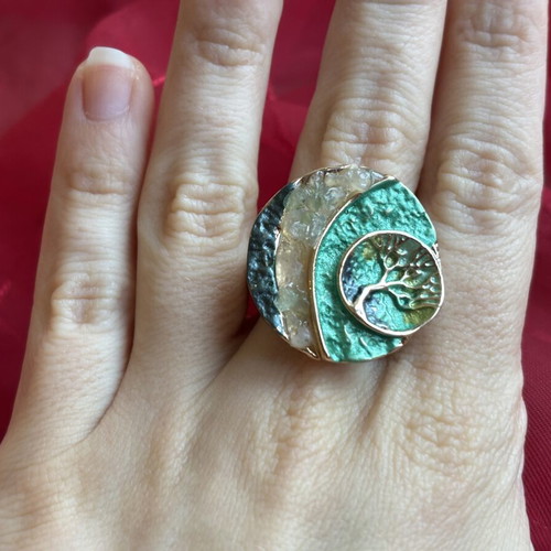 Ring with mountain crystals, handmade, tree of life motif