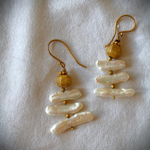 Gold Earrings Raw Pearls with 22K Gold Plated Clasp New