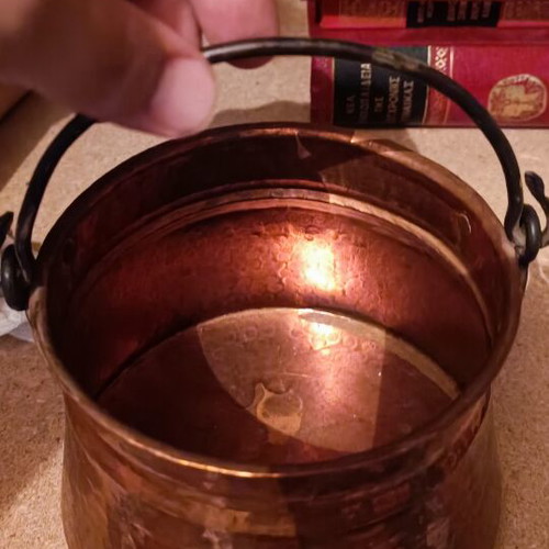 Vintage copper bakratsi with iron handle used, traditional hammered pot