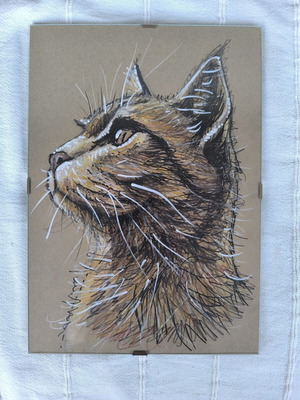 Handmade Cat Portrait A4 in Glass Clipframe new