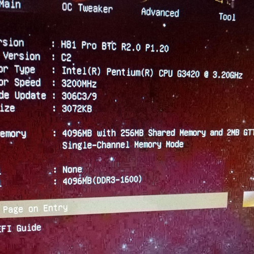 ASRock H81 Pro BTC R2.0 motherboard used with Intel Celeron G3420 CPU and 4GB DDR3 RAM